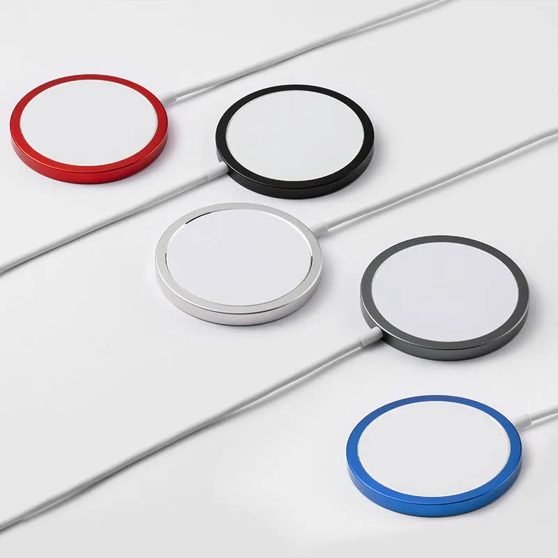 Silver metal Magsafe magnetic wireless charger for iPhone showing magnetic ring.