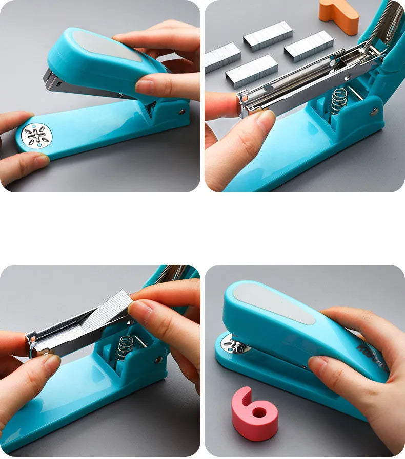 Rotatable stapler shown in dark blue colour, demonstrating its 360-degree spinning head and metal nail outlet.