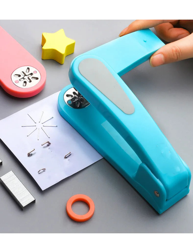 Rotatable stapler shown in dark blue colour, demonstrating its 360-degree spinning head and metal nail outlet.