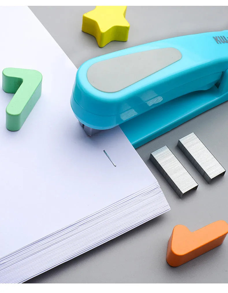 Rotatable stapler shown in dark blue colour, demonstrating its 360-degree spinning head and metal nail outlet.