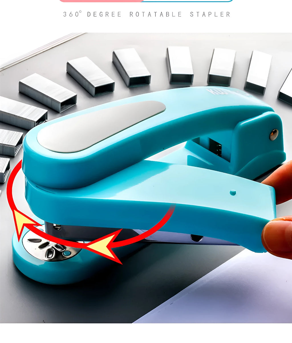 Rotatable stapler shown in dark blue colour, demonstrating its 360-degree spinning head and metal nail outlet.
