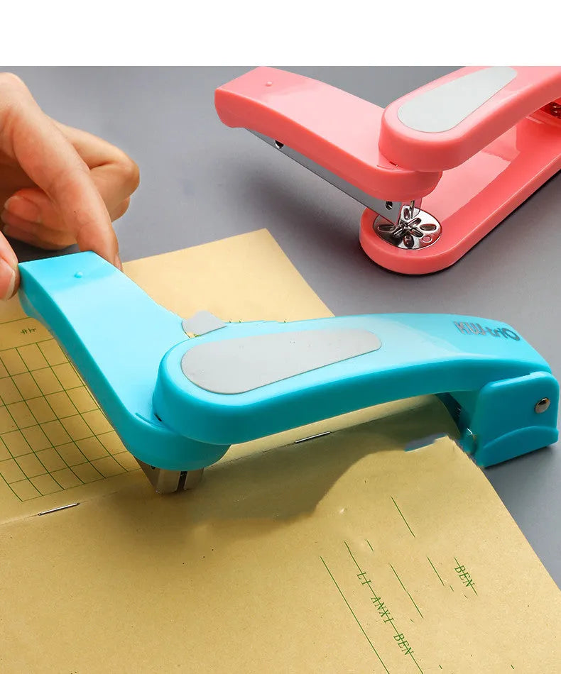 Rotatable stapler shown in dark blue colour, demonstrating its 360-degree spinning head and metal nail outlet.