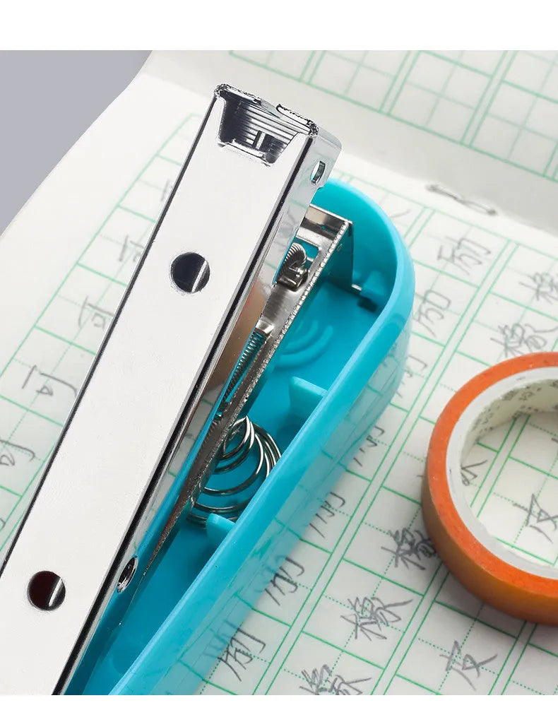 Rotatable stapler shown in dark blue colour, demonstrating its 360-degree spinning head and metal nail outlet.