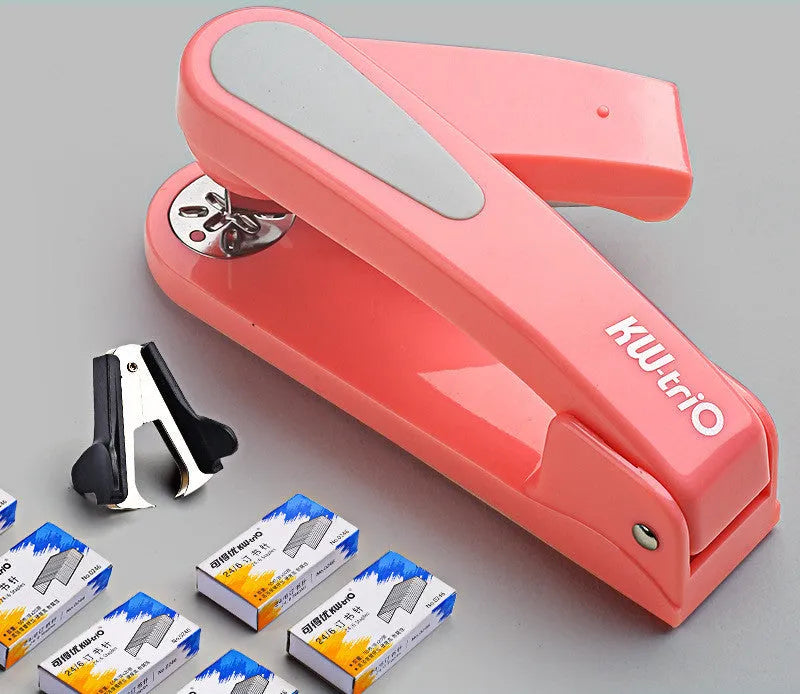 Rotatable stapler shown in dark blue colour, demonstrating its 360-degree spinning head and metal nail outlet.