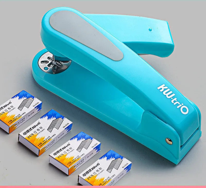 Rotatable stapler shown in dark blue colour, demonstrating its 360-degree spinning head and metal nail outlet.