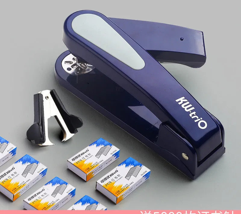 Rotatable stapler shown in dark blue colour, demonstrating its 360-degree spinning head and metal nail outlet.