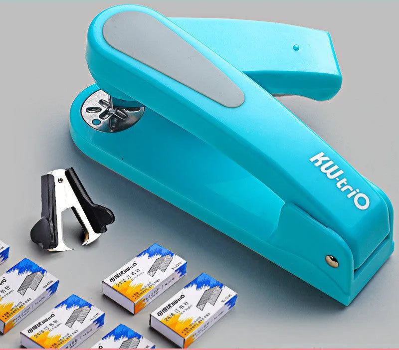 Rotatable stapler shown in dark blue colour, demonstrating its 360-degree spinning head and metal nail outlet.