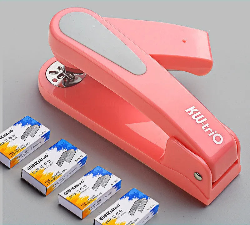 Rotatable stapler shown in dark blue colour, demonstrating its 360-degree spinning head and metal nail outlet.