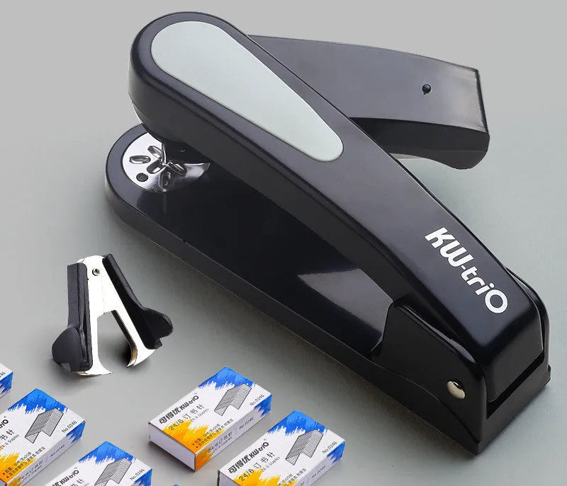 Rotatable stapler shown in dark blue colour, demonstrating its 360-degree spinning head and metal nail outlet.
