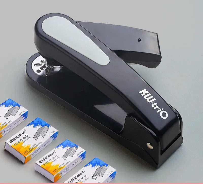 Rotatable stapler shown in dark blue colour, demonstrating its 360-degree spinning head and metal nail outlet.