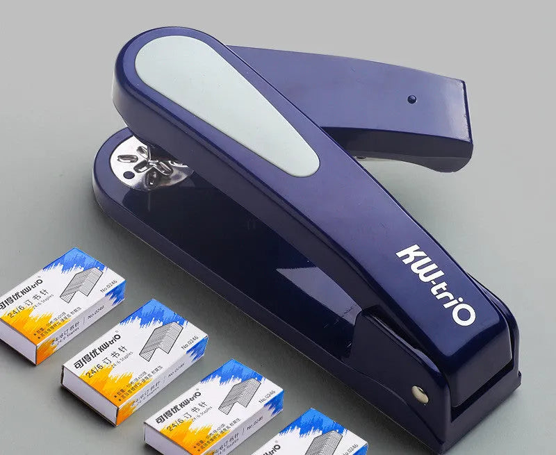 Rotatable stapler shown in dark blue colour, demonstrating its 360-degree spinning head and metal nail outlet.