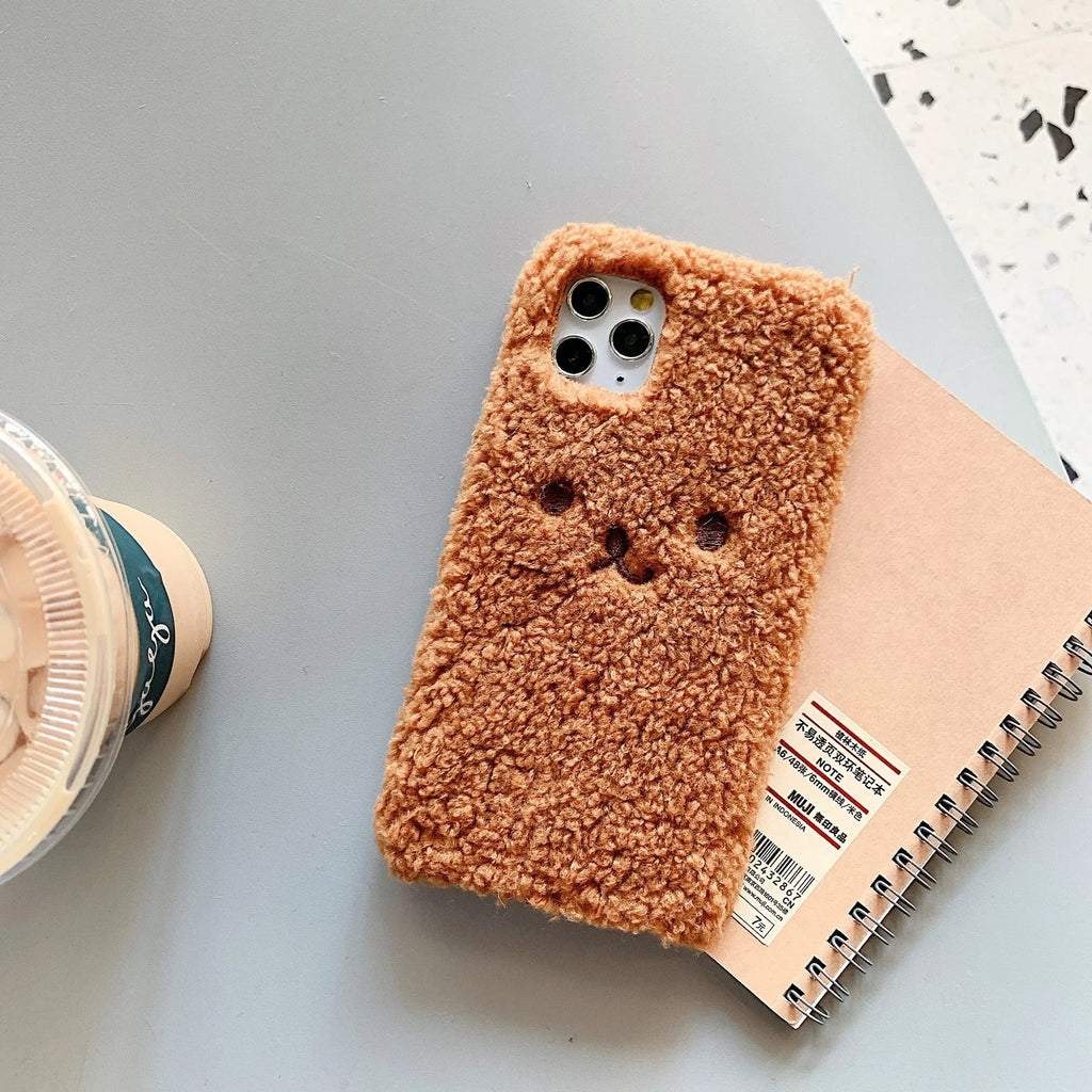 TPU iPhone case with 3D embroidered plush cartoon bear face design in brown colour