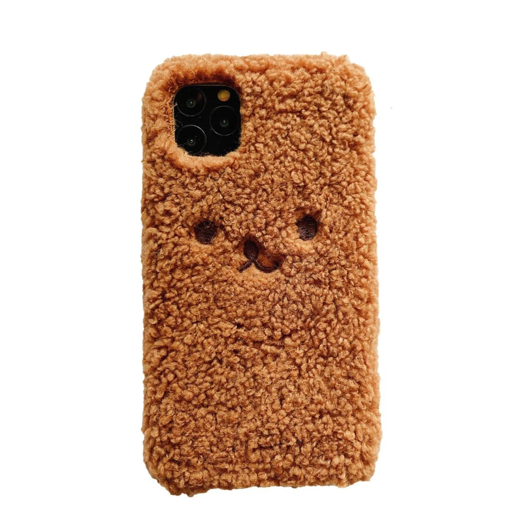 TPU iPhone case with 3D embroidered plush cartoon bear face design in brown colour