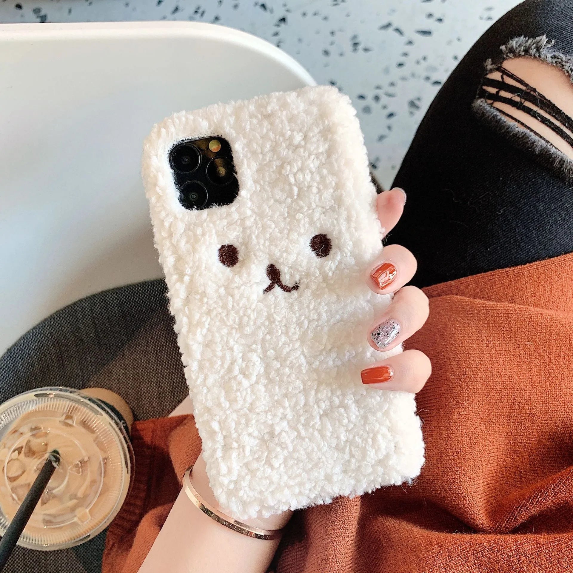 TPU iPhone case with 3D embroidered plush cartoon bear face design in brown colour