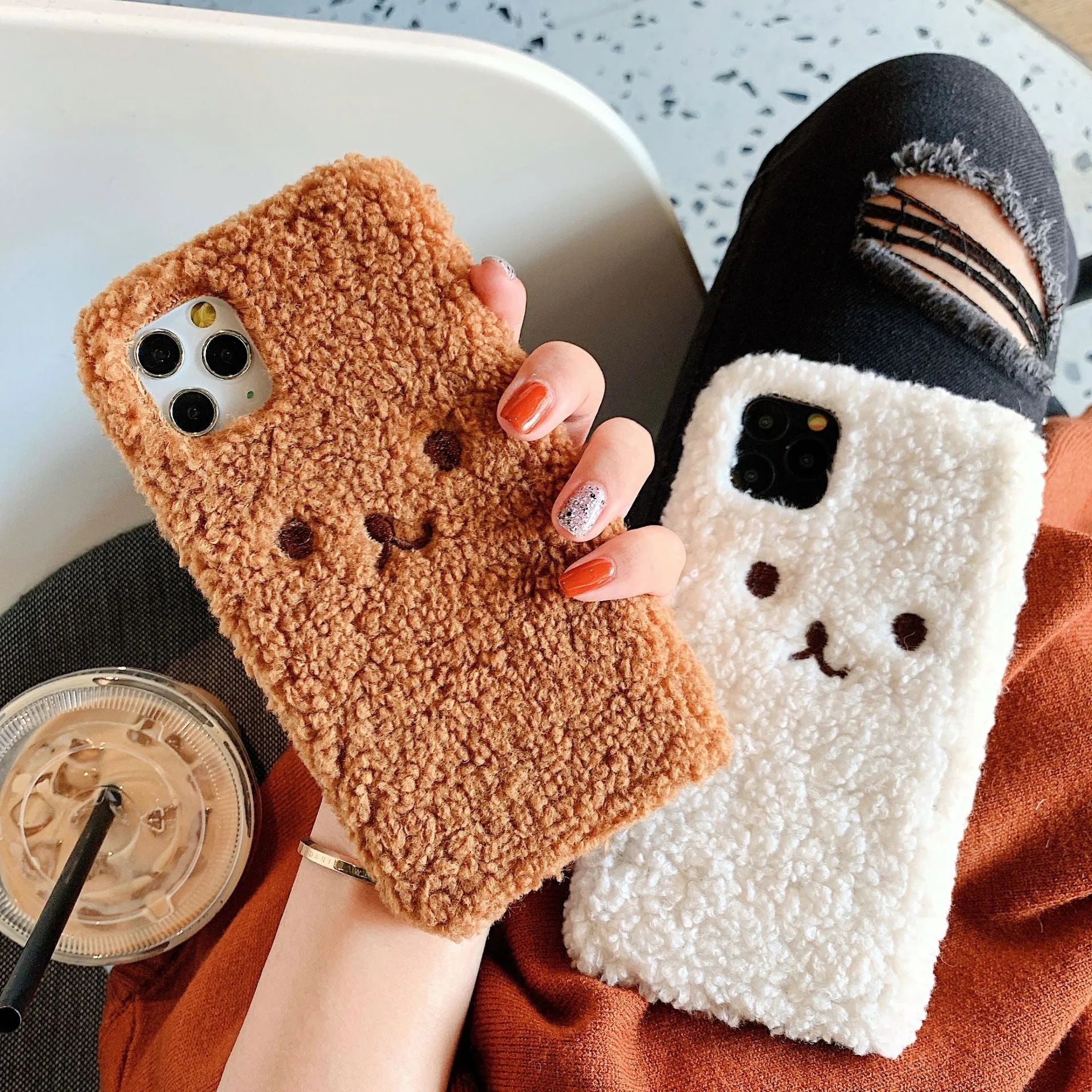 TPU iPhone case with 3D embroidered plush cartoon bear face design in brown colour