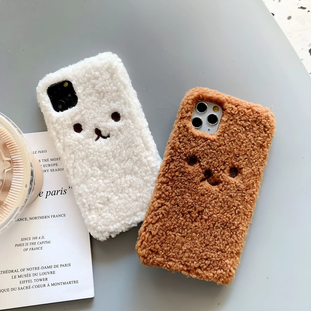 TPU iPhone case with 3D embroidered plush cartoon bear face design in brown colour