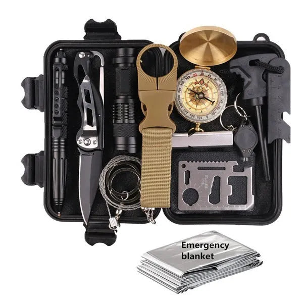 13-piece stainless steel survival tool set with tactical flashlight in shockproof box