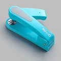Rotatable stapler shown in dark blue colour, demonstrating its 360-degree spinning head and metal nail outlet.
