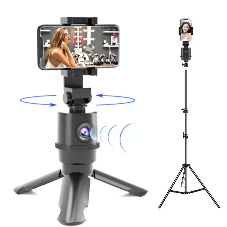 360-degree intelligent pan tilt tracking bracket holding a smartphone with AI face recognition activated.