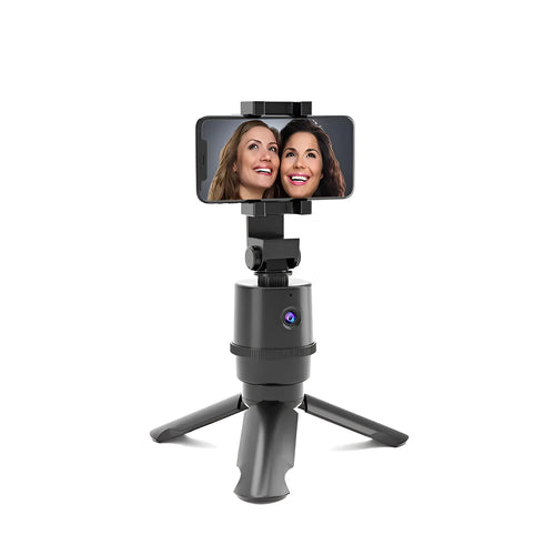 360-degree intelligent pan tilt tracking bracket holding a smartphone with AI face recognition activated.
