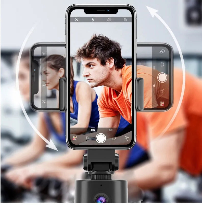 360-degree intelligent pan tilt tracking bracket holding a smartphone with AI face recognition activated.