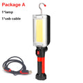 Red portable work light with magnetic base showing USB charging port and COB LED panel