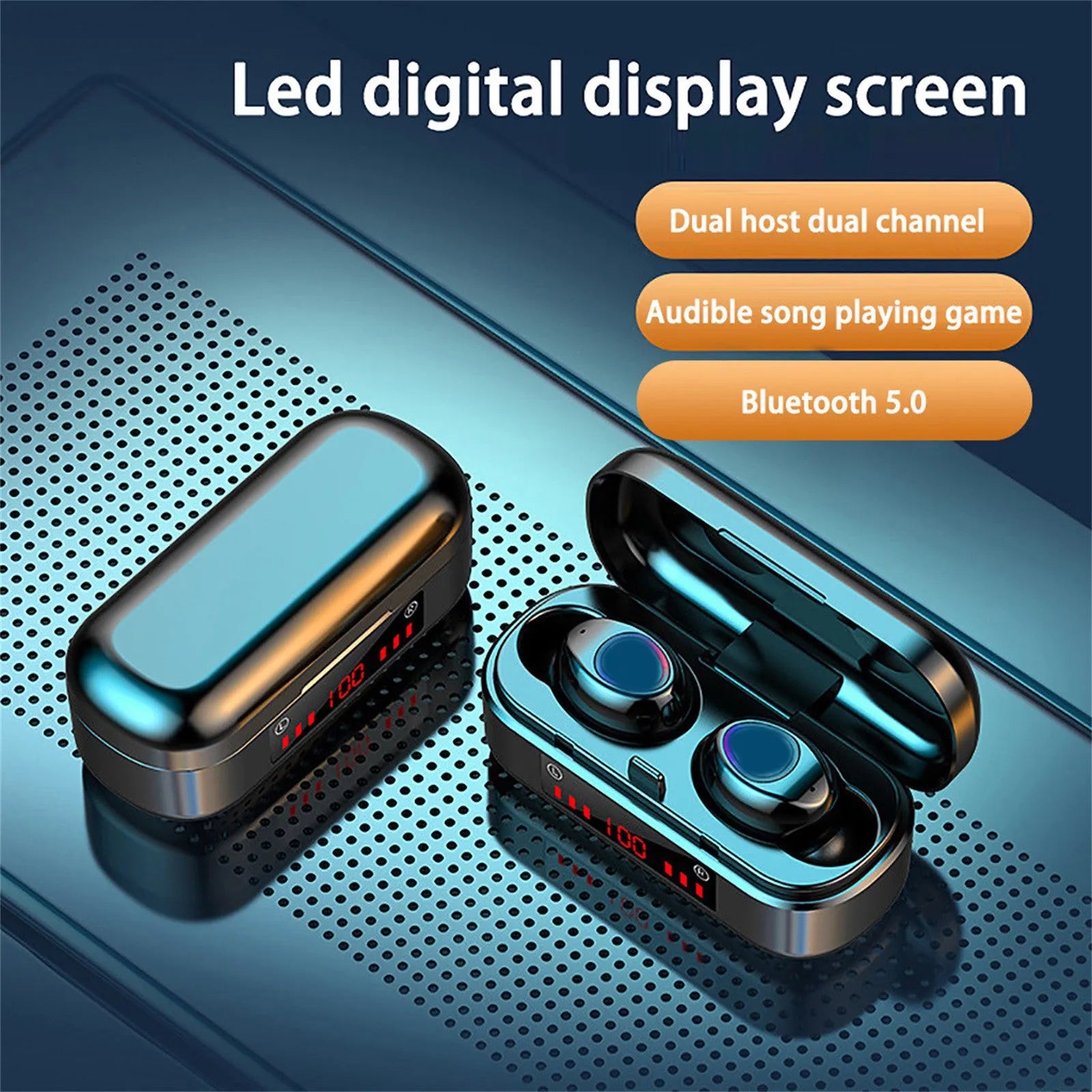 V7 LED button version wireless Bluetooth earphones with charging case and three ear cap pairs
