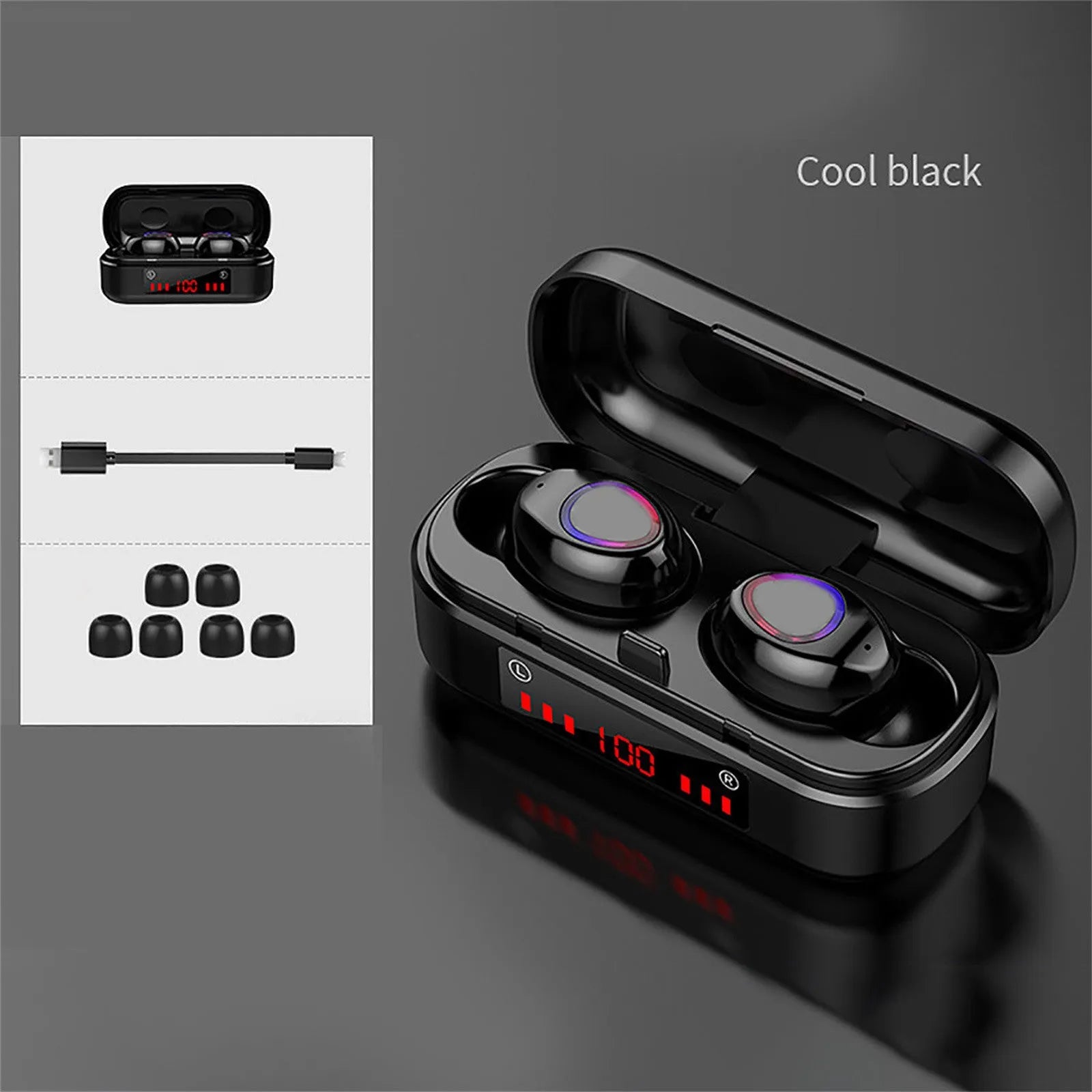 V7 LED button version wireless Bluetooth earphones with charging case and three ear cap pairs
