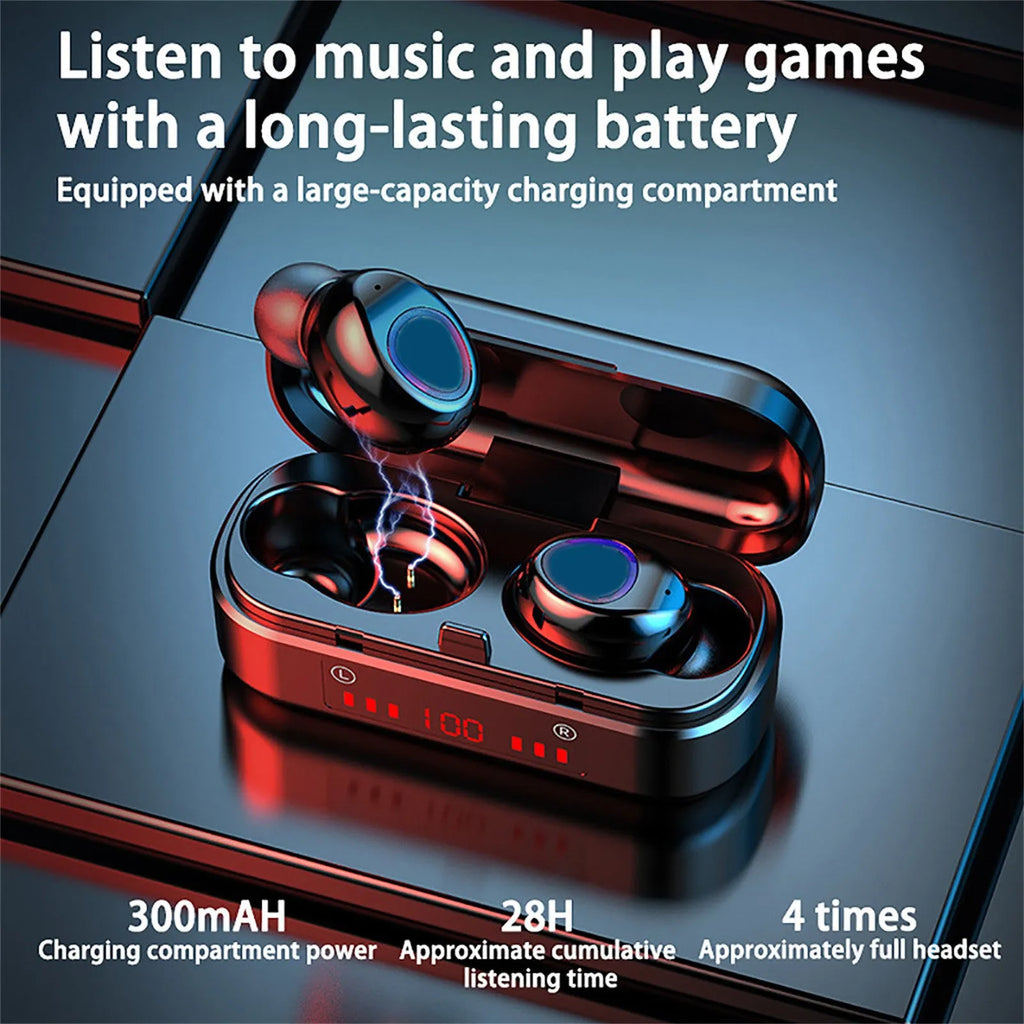 V7 LED button version wireless Bluetooth earphones with charging case and three ear cap pairs