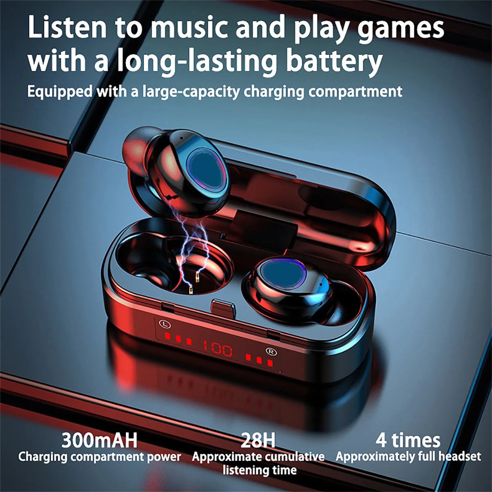 V7 LED button version wireless Bluetooth earphones with charging case and three ear cap pairs