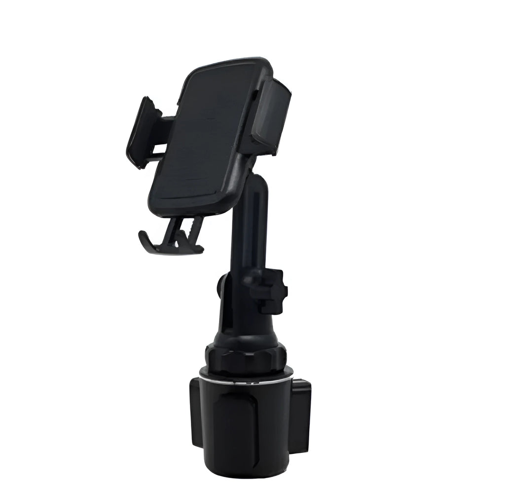 Black ABS plastic car phone holder showing 360-degree rotation mechanism.