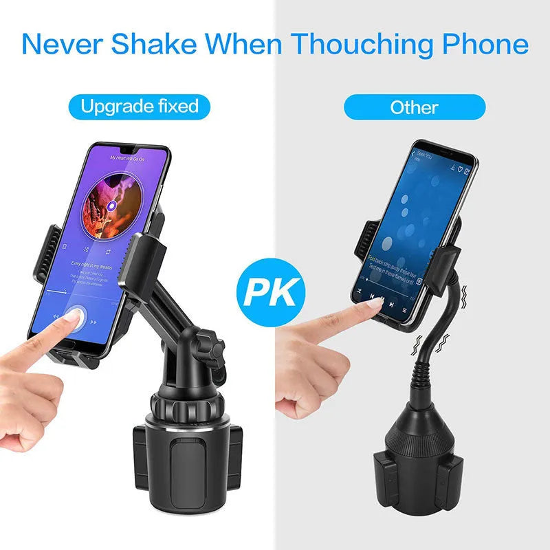 Black ABS plastic car phone holder showing 360-degree rotation mechanism.