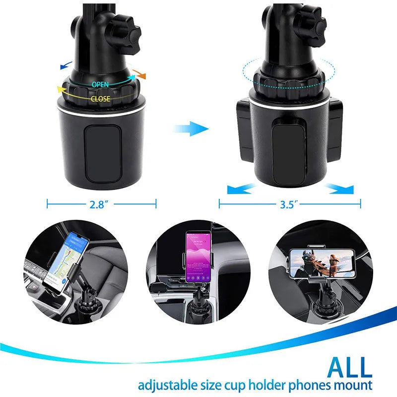 Black ABS plastic car phone holder showing 360-degree rotation mechanism.