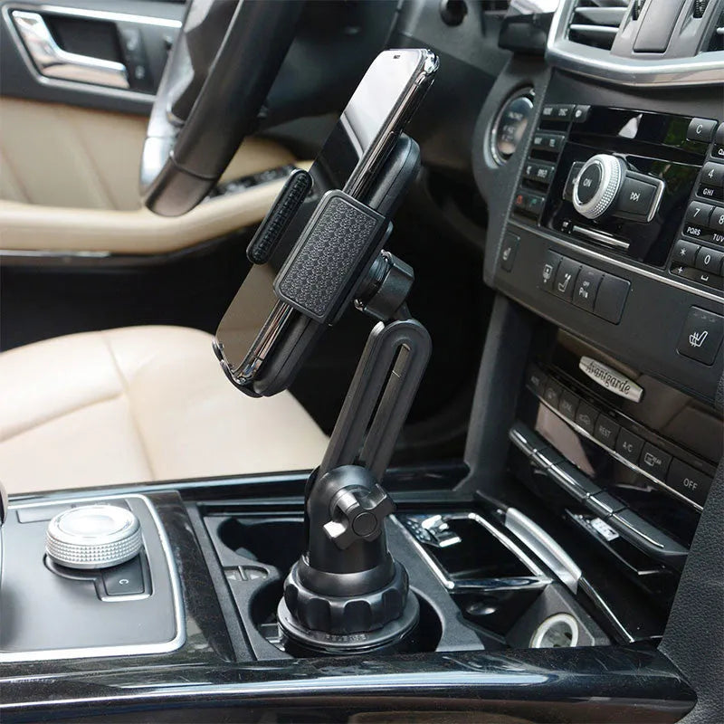 Black ABS plastic car phone holder showing 360-degree rotation mechanism.