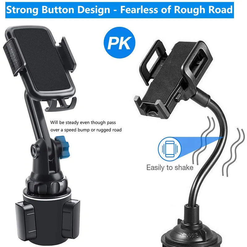 Black ABS plastic car phone holder showing 360-degree rotation mechanism.