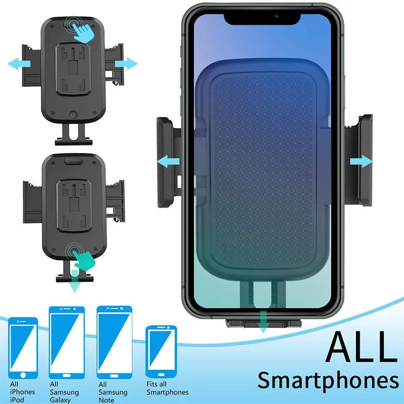 Black ABS plastic car phone holder showing 360-degree rotation mechanism.