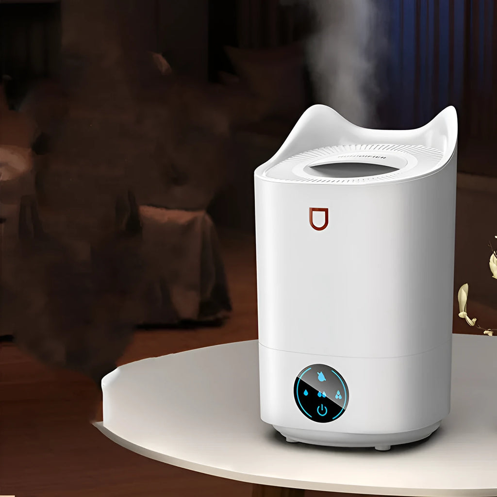 Double spray humidifier with three mist outlets, USB power cable, and large water tank