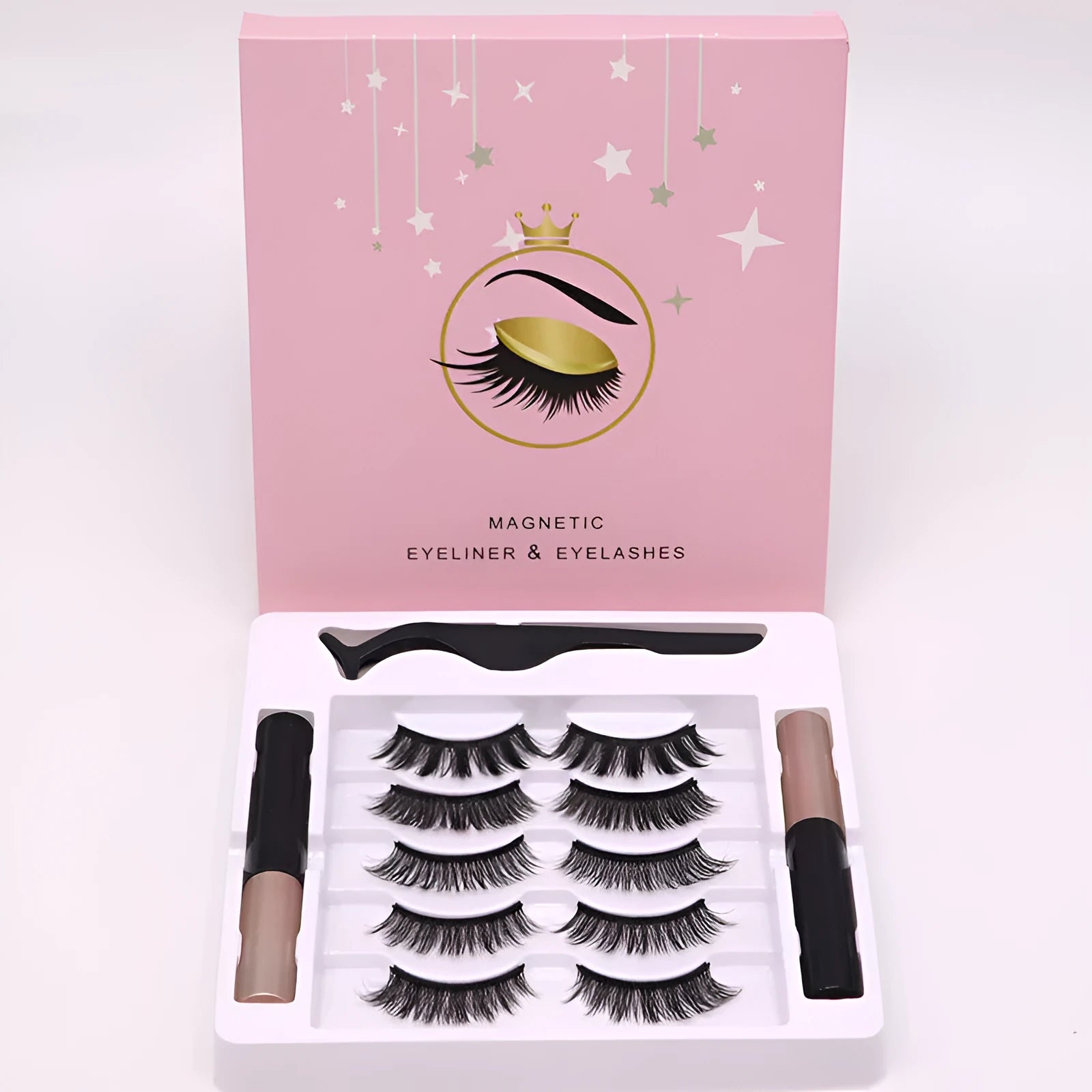 Magnetic eyeliner and false mink eyelashes set in colour 003, showing 5 reusable pairs