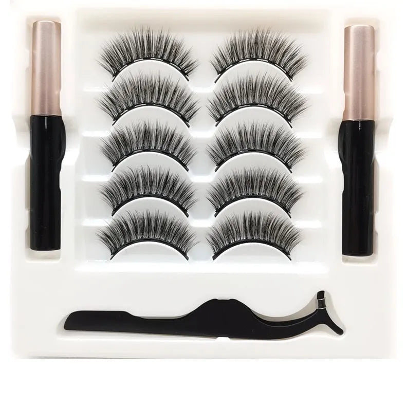 Magnetic eyeliner and false mink eyelashes set in colour 003, showing 5 reusable pairs