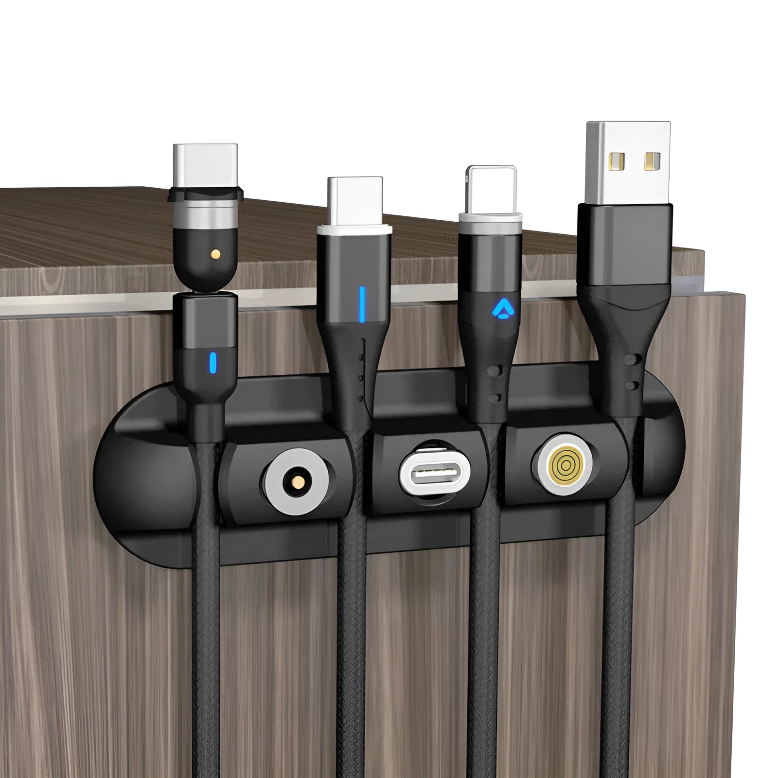 Black soft plastic desktop charging station with cable organiser compartments
