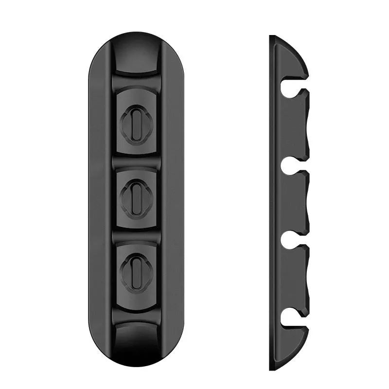 Black soft plastic desktop charging station with cable organiser compartments