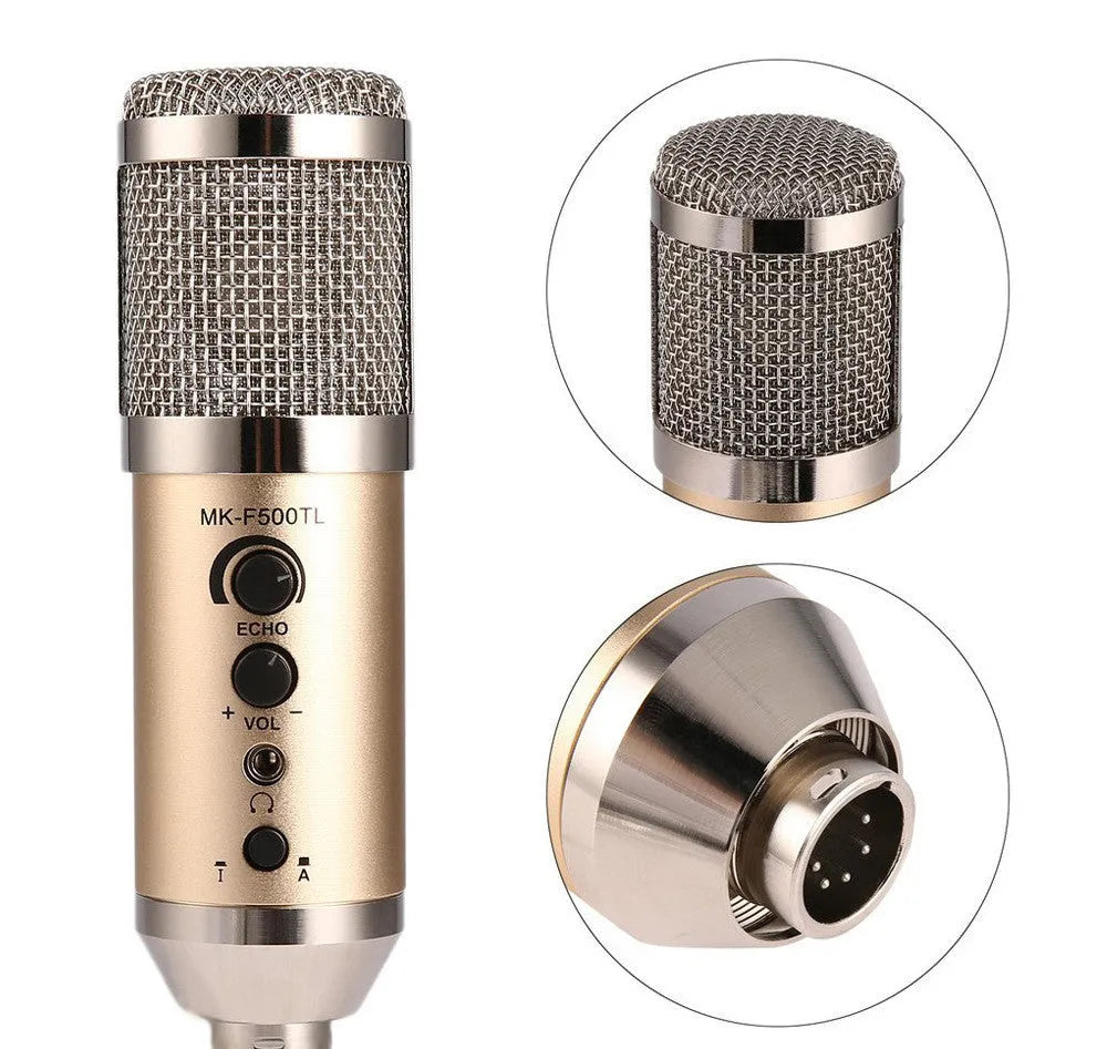 Gold USB condenser microphone with heart-shaped pickup pattern and integrated stand.