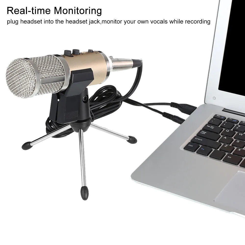 Gold USB condenser microphone with heart-shaped pickup pattern and integrated stand.