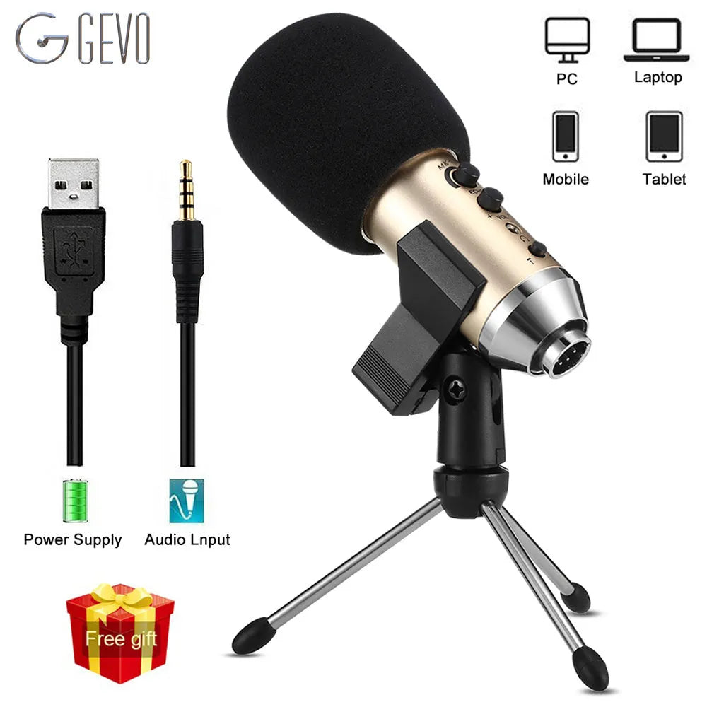Gold USB condenser microphone with heart-shaped pickup pattern and integrated stand.