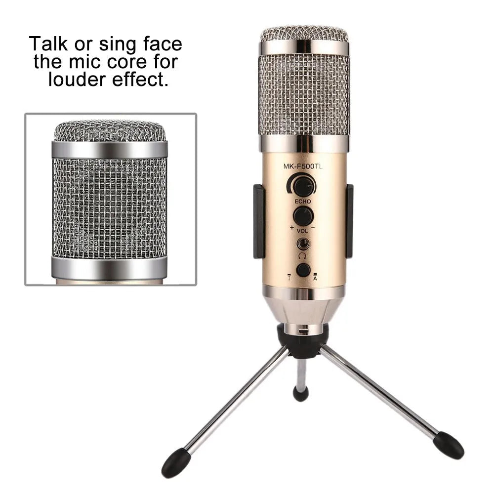 Gold USB condenser microphone with heart-shaped pickup pattern and integrated stand.