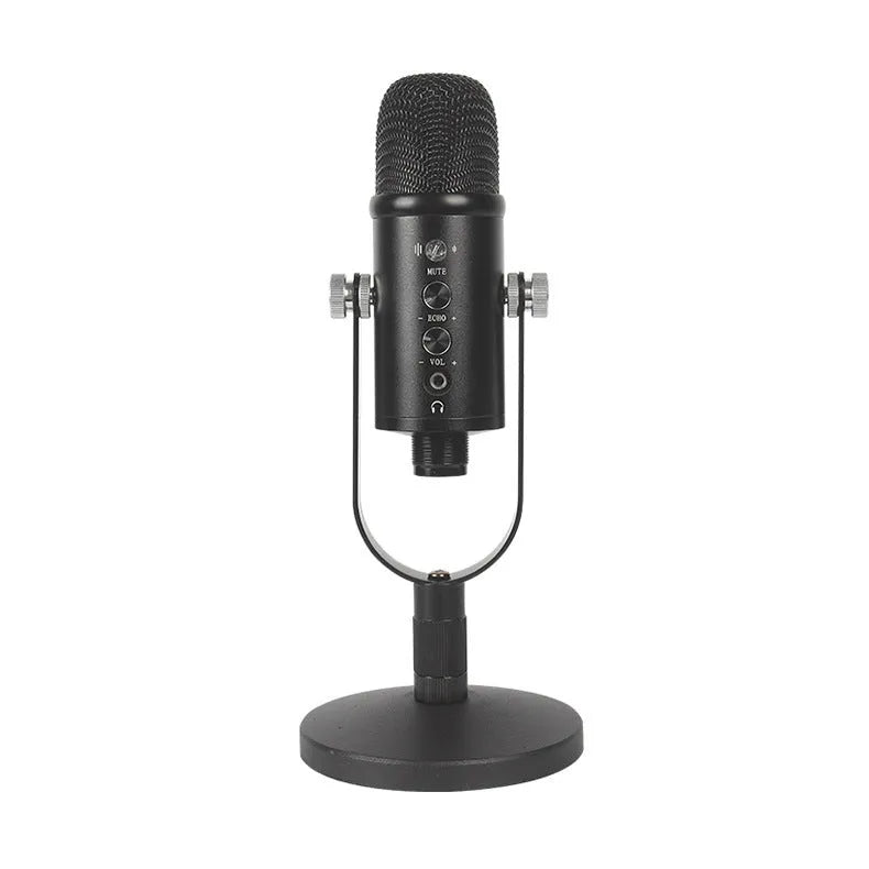 Black USB condenser microphone on metal stand with foam windscreen for desktop recording