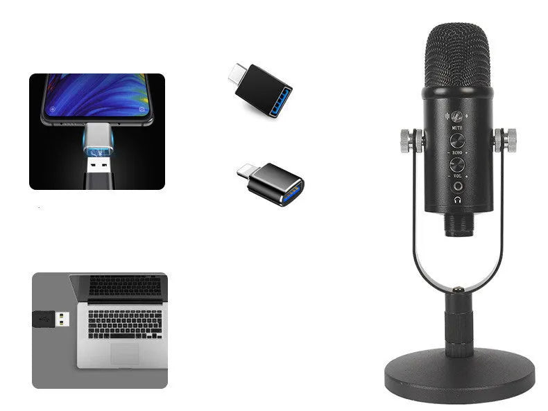 Black USB condenser microphone on metal stand with foam windscreen for desktop recording