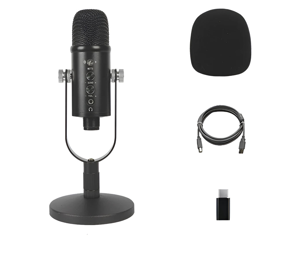 Black USB condenser microphone on metal stand with foam windscreen for desktop recording