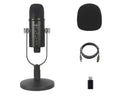 Black USB condenser microphone on metal stand with foam windscreen for desktop recording