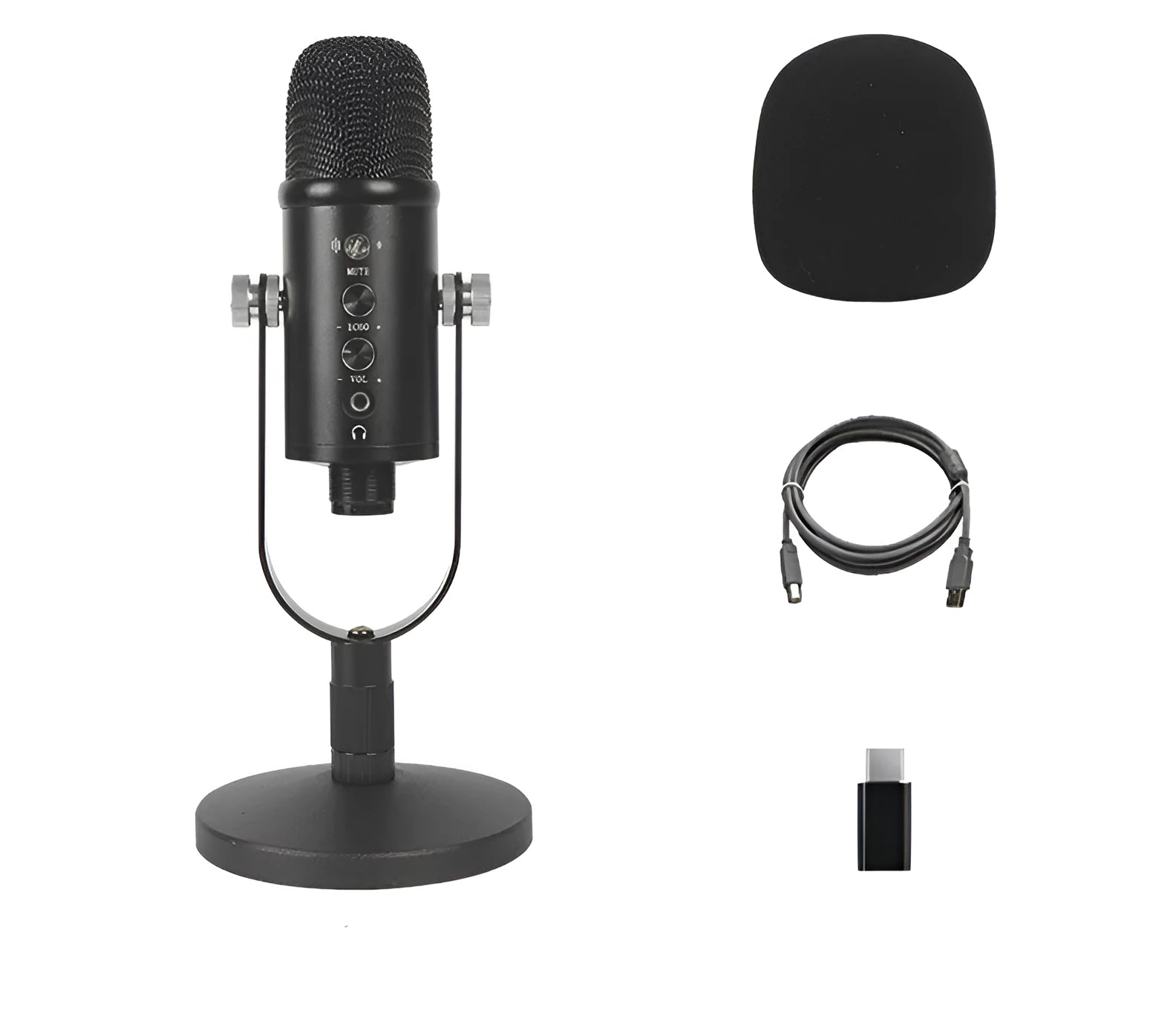 Black USB condenser microphone on metal stand with foam windscreen for desktop recording